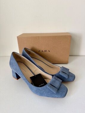 NEW! Zara Blue Suede Leather Bow Detail Block Heels | Size 37 (US 6.5)